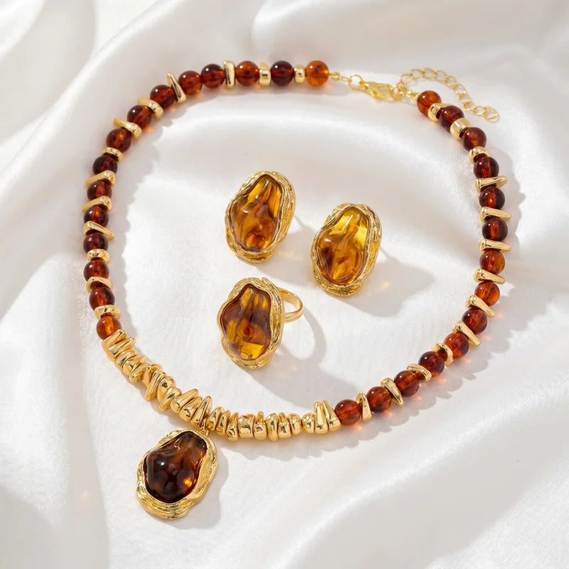 Conjunto de Joias Vintage Âmbar Dourado