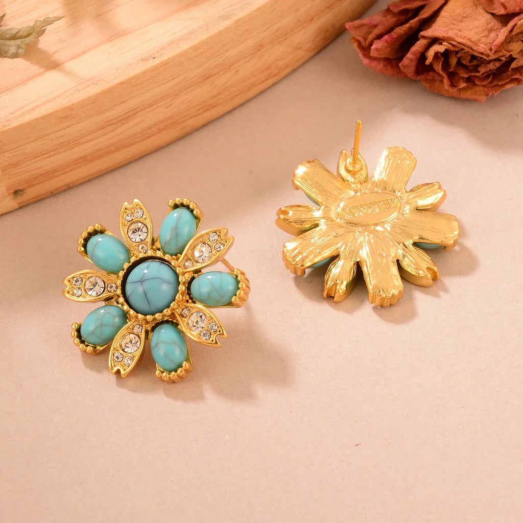 Brincos Flor Turquesa Vintage Dourados | By Mireva
