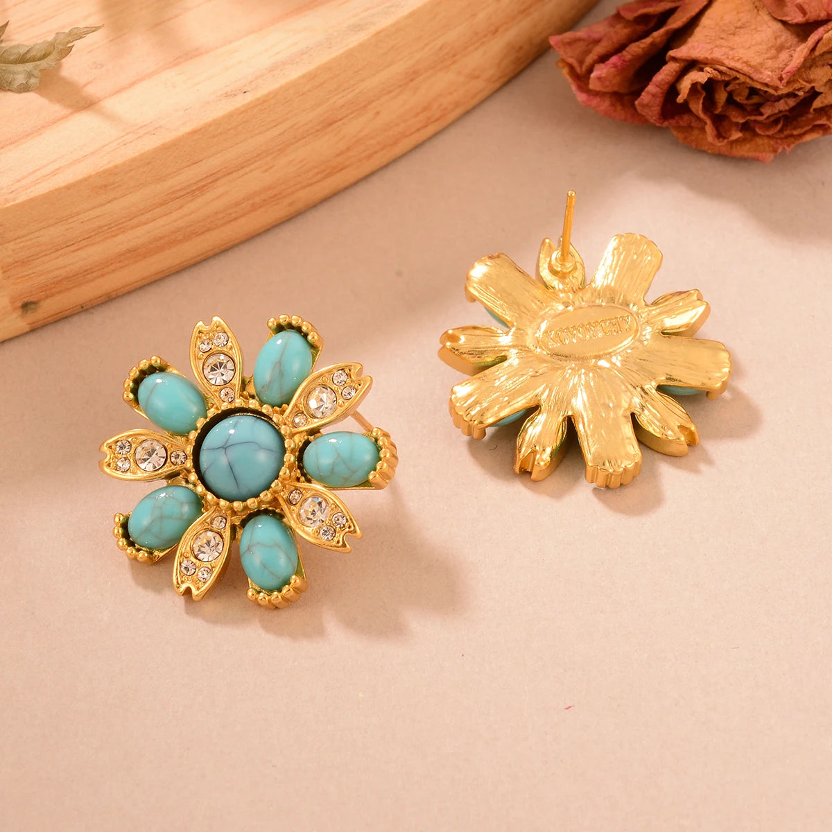 Brincos Flor Turquesa Vintage Dourados | By Mireva