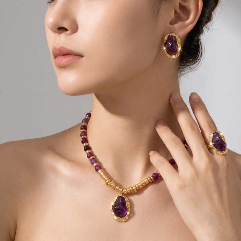 Conjunto de Joias Vintage Âmbar Dourado