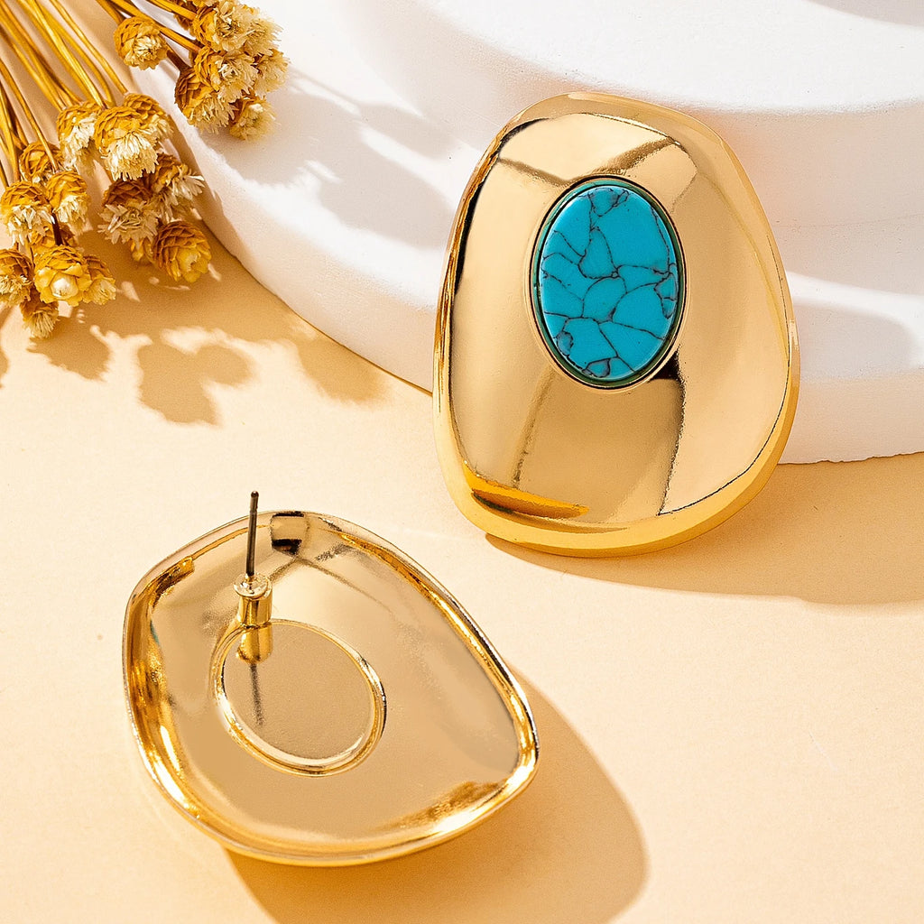 Brincos Geométricos Dourado & Turquesa | By Mireva