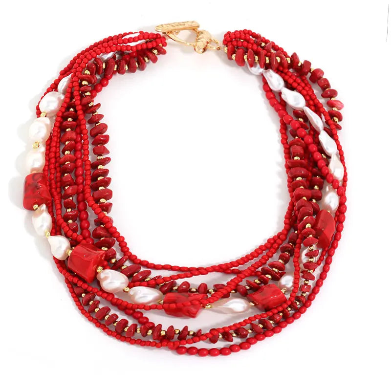 Colar Boho Pérolas & Coral Vermelho Multicamadas | By Mireva