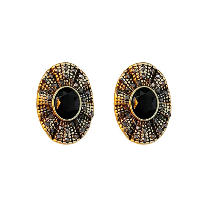 Brinco Vintage Oval Preto com Cristais Dourados