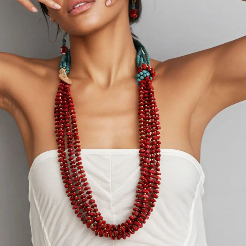 Colar Boho Turquesa e Vermelho em Camadas