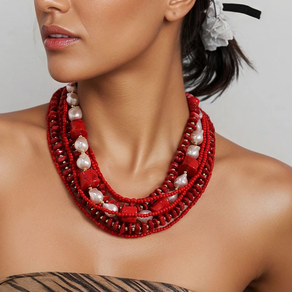 Colar Boho Pérolas & Coral Vermelho Multicamadas | By Mireva