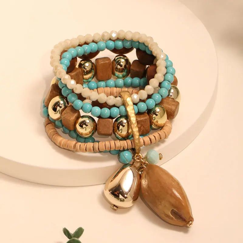 Pulseira Statement Multicolorida — Miçangas, Madeira & Dourado, Estilo Boho Chic Handmade