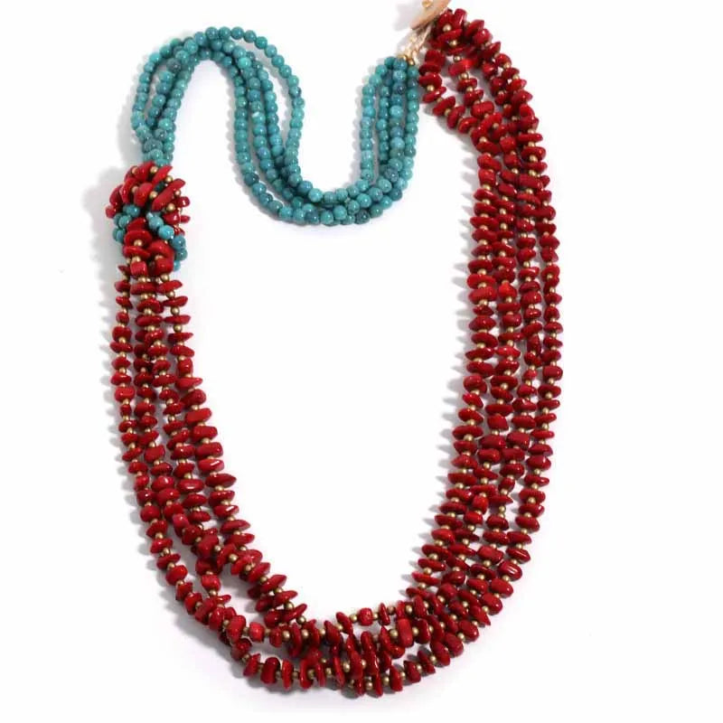 Colar Boho Turquesa e Vermelho em Camadas