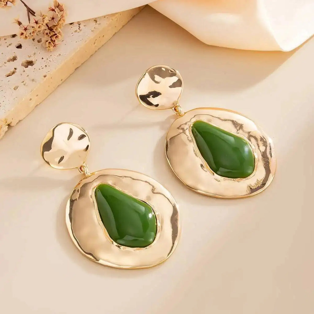 Brincos Vintage Oval Verde Acrílico Texturizado Dourado | By Mireva