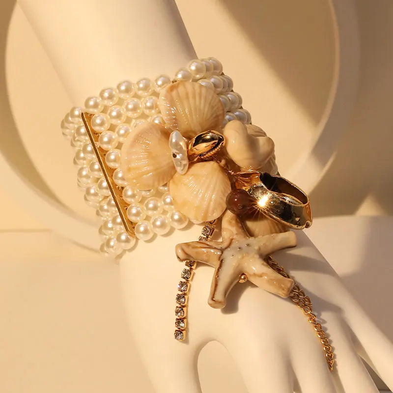 Conjunto de Pulseira de Pérolas com Estrelas-do-Mar e Conchas
