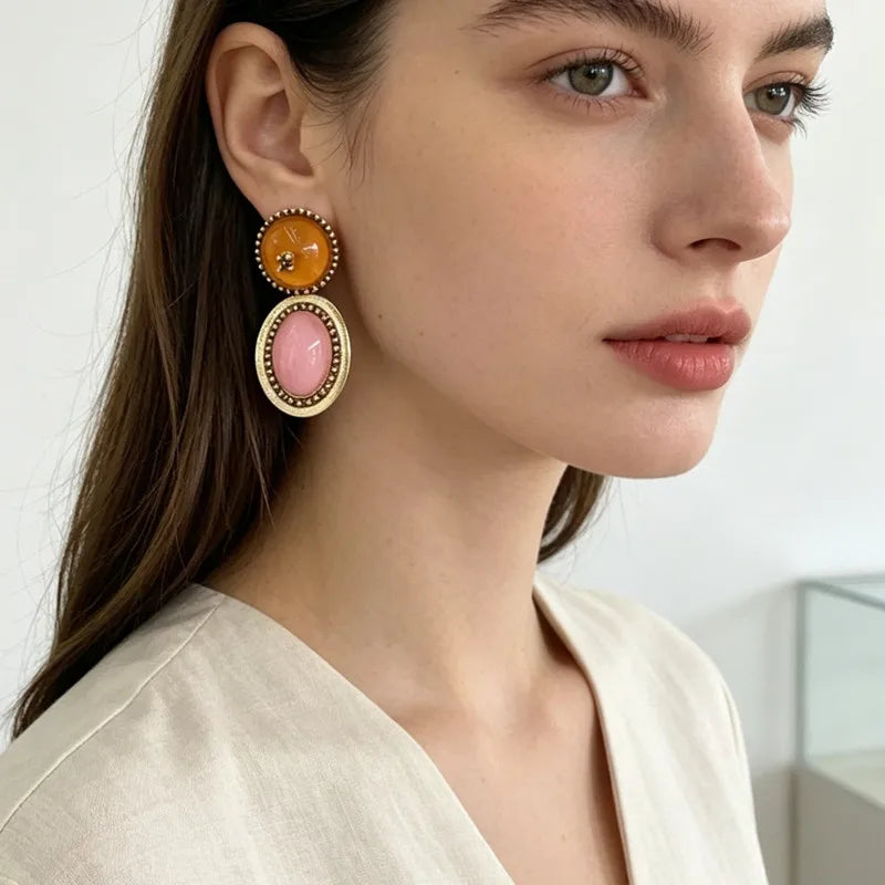 Brinco Maxi Dourado Rosa e Âmbar Vintage