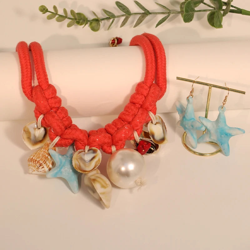 Conjunto Mar Coral By Mireva – Colar Boho com Conchas e Estrela-do-Mar + Brincos