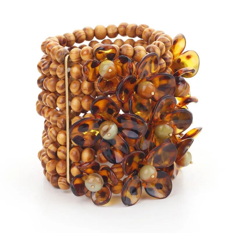 Pulseira Statement Madeiras & Flores — Maxi Pulseira Artesanal com Detalhe Floral