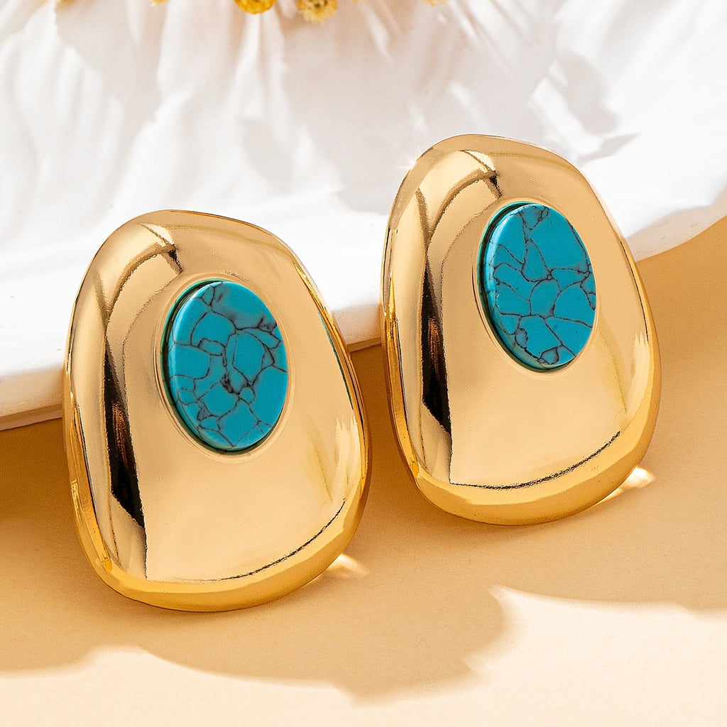 Brincos Geométricos Dourado & Turquesa | By Mireva