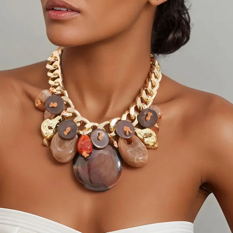 Colar Statement Corrente Contas Tortoiseshell Dourado | By Mireva