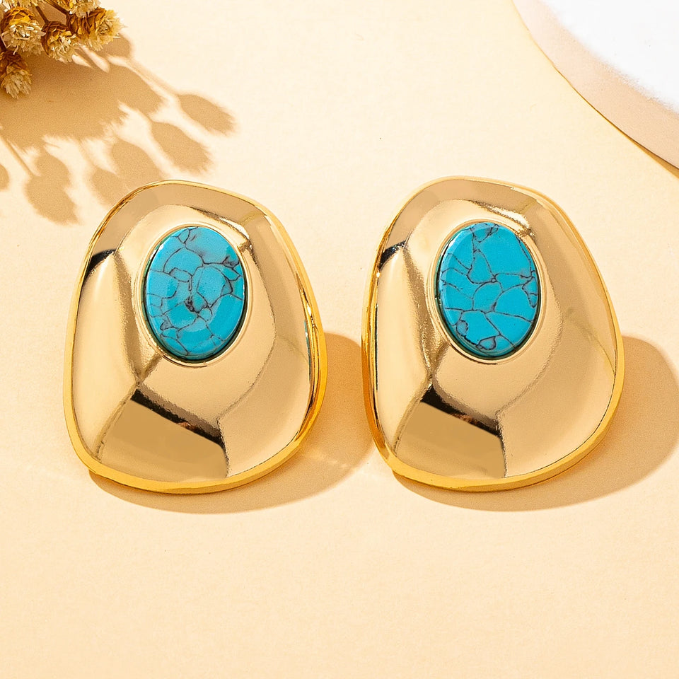 Brincos Geométricos Dourado & Turquesa | By Mireva