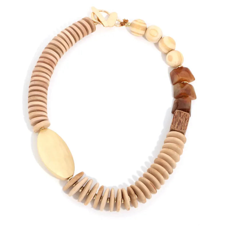 Colar Boho Statement Contas Madeira Marrom Dourado | By Mireva