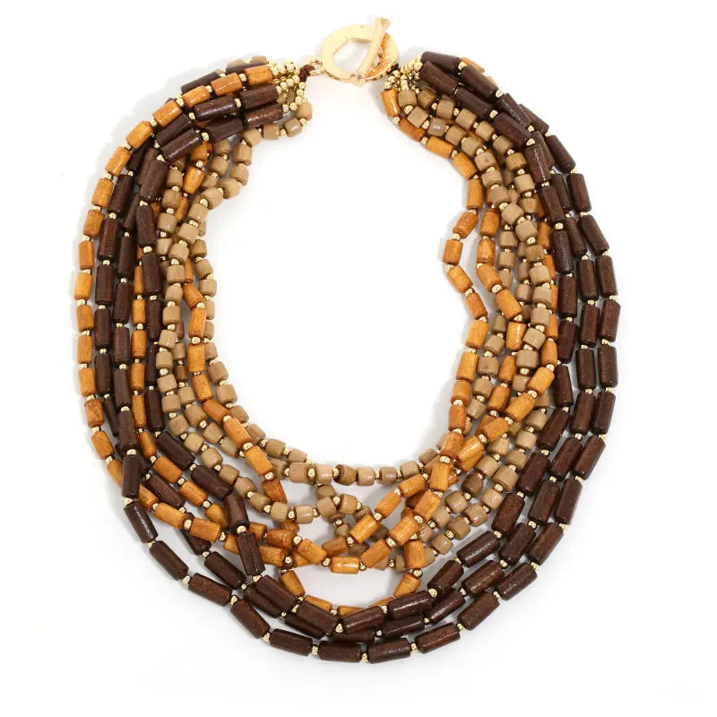 Colar Multicamadas Contas Madeira Tons Terra | By Mireva