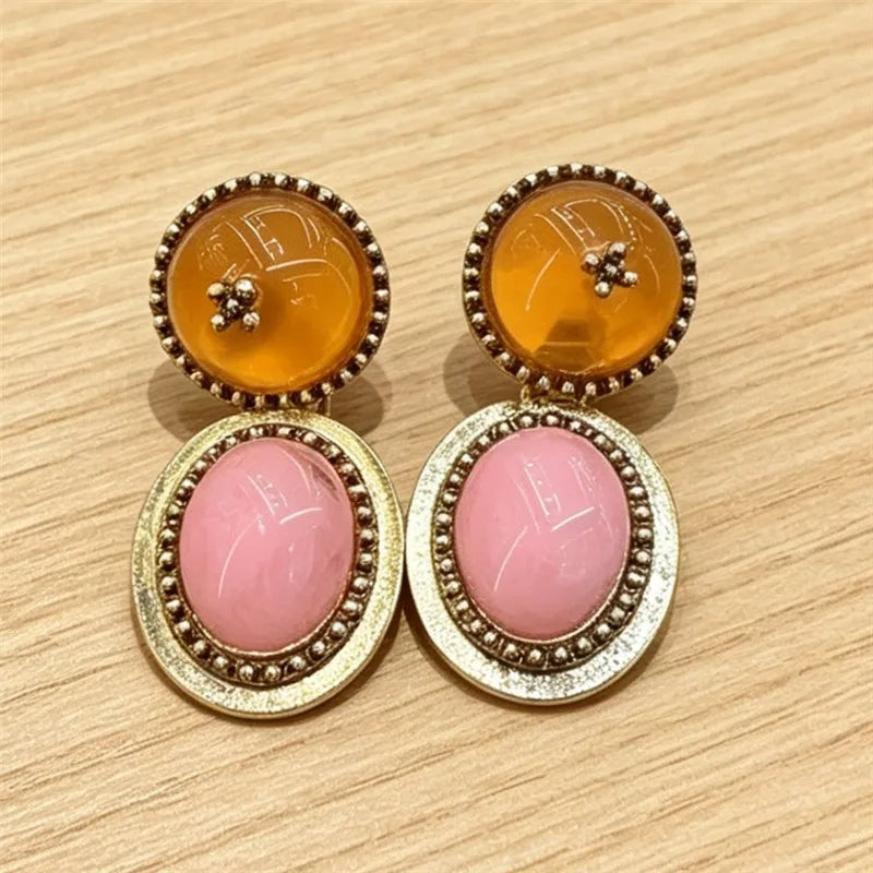 Brinco Maxi Dourado Rosa e Âmbar Vintage