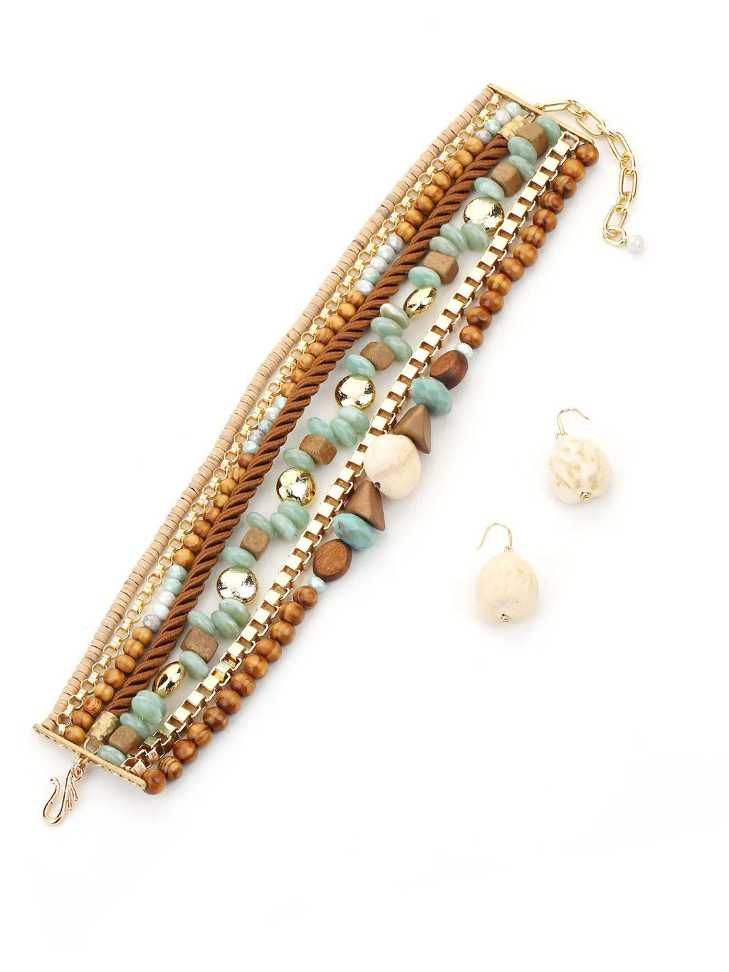 Colar Choker Boho Multi Camadas Verde Oliva & Brinco Concha | By Mireva