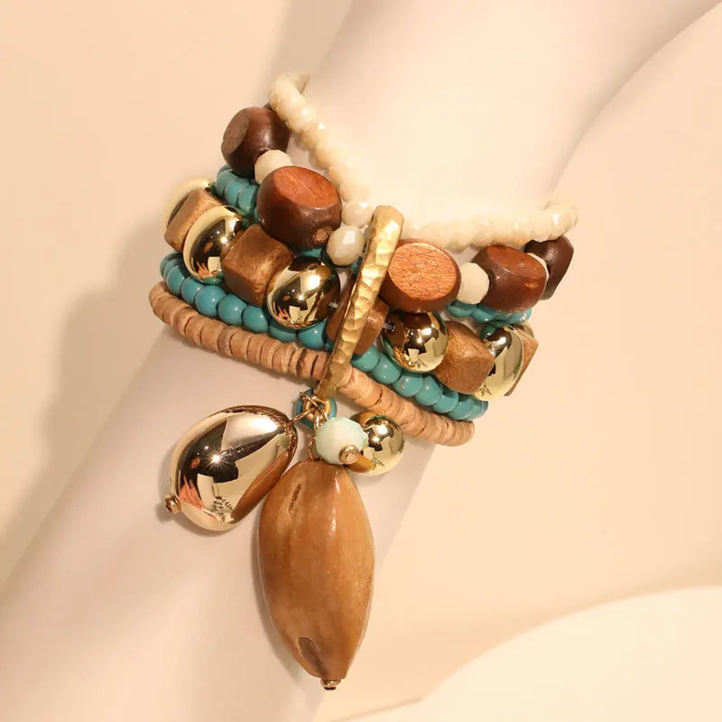 Pulseira Statement Multicolorida — Miçangas, Madeira & Dourado, Estilo Boho Chic Handmade