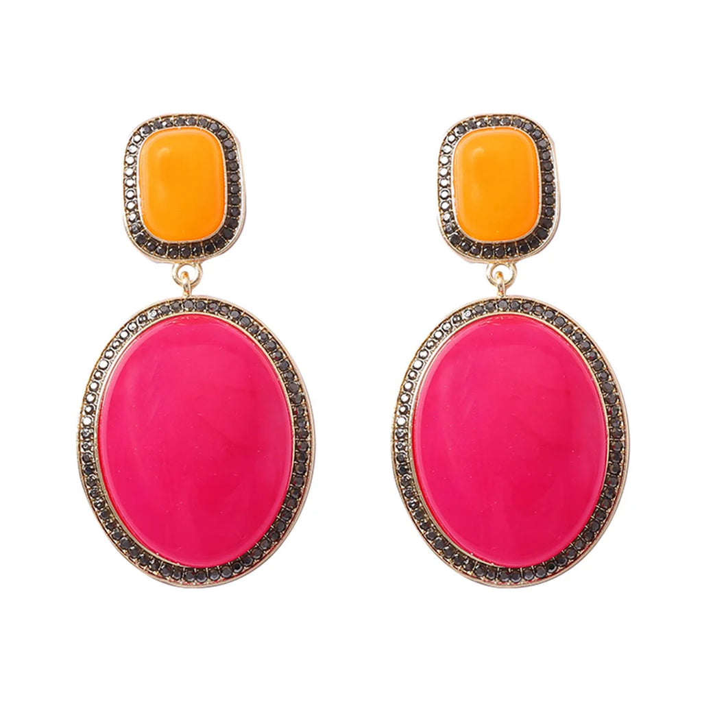 Brinco Maxi Geométrico Rosa e Laranja com Cristais