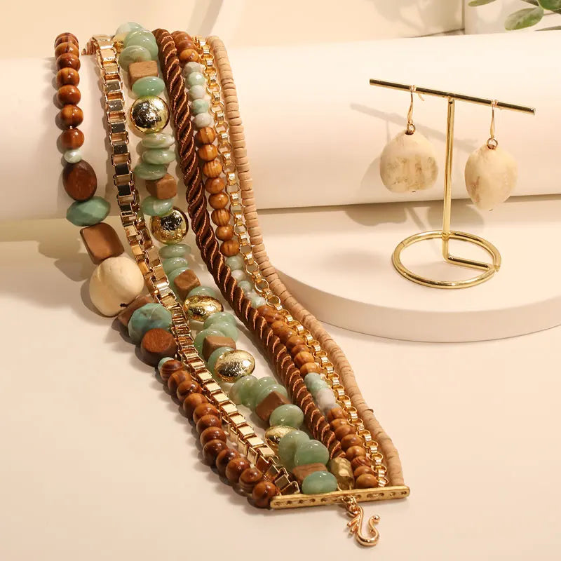 Colar Choker Boho Multi Camadas Verde Oliva & Brinco Concha | By Mireva