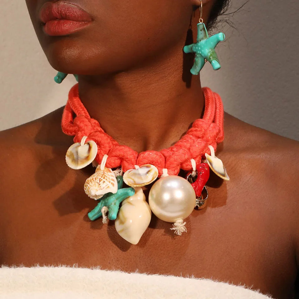 Conjunto Mar Coral By Mireva – Colar Boho com Conchas e Estrela-do-Mar + Brincos