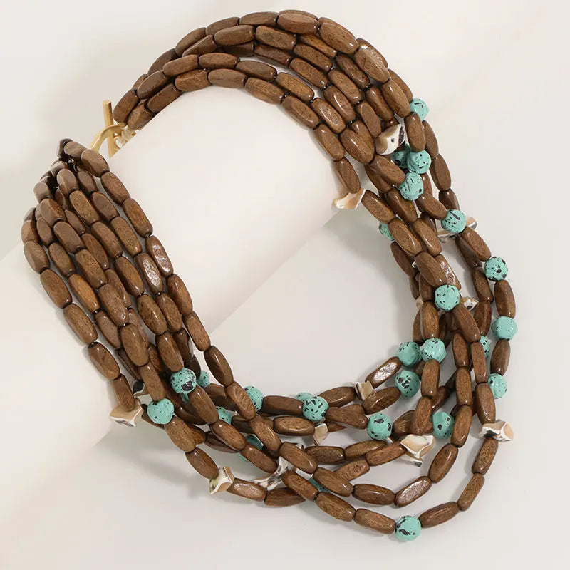 Colar Boho Multicamadas Madeira & Turquesa | By Mireva