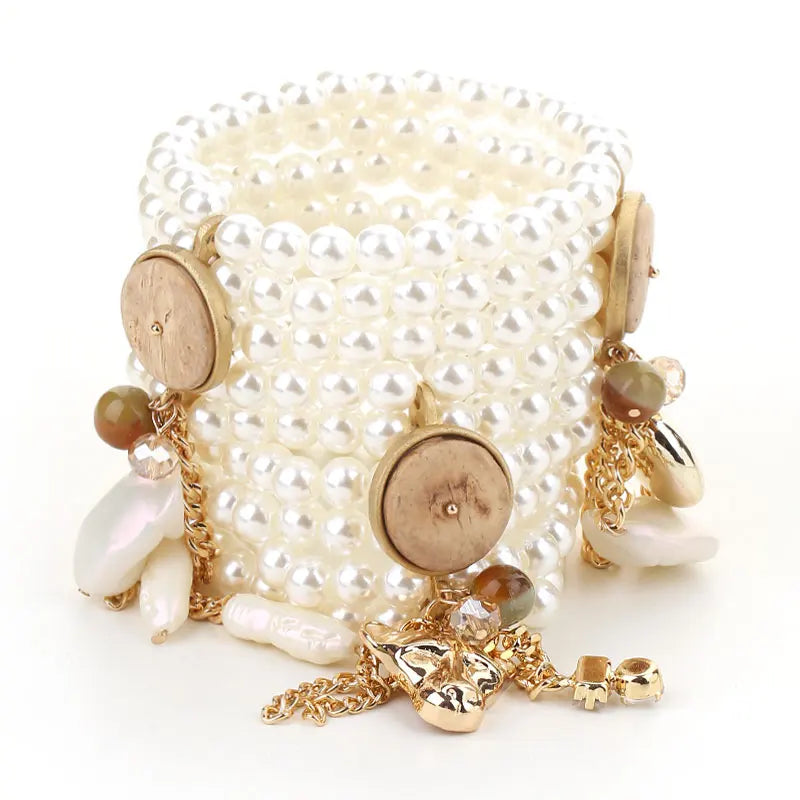 Conjunto de Pulseiras de Pérolas com Detalhes Dourados