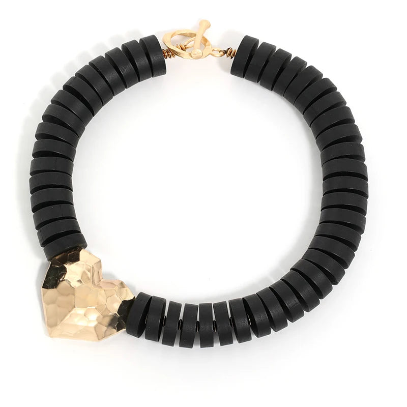 Colar Statement Coração Dourado & Discos Pretos | By Mireva