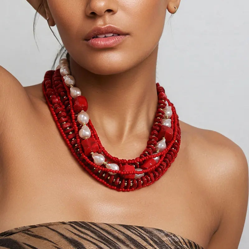 Colar Boho Pérolas & Coral Vermelho Multicamadas | By Mireva