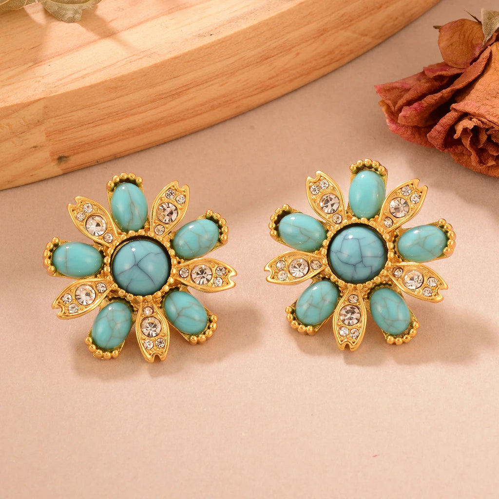 Brincos Flor Turquesa Vintage Dourados | By Mireva