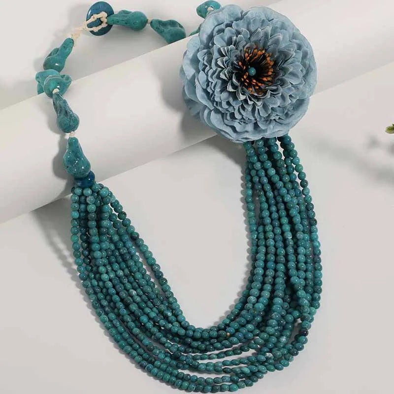 Colar Boho Longo Turquesa & Flor Azul | By Mireva