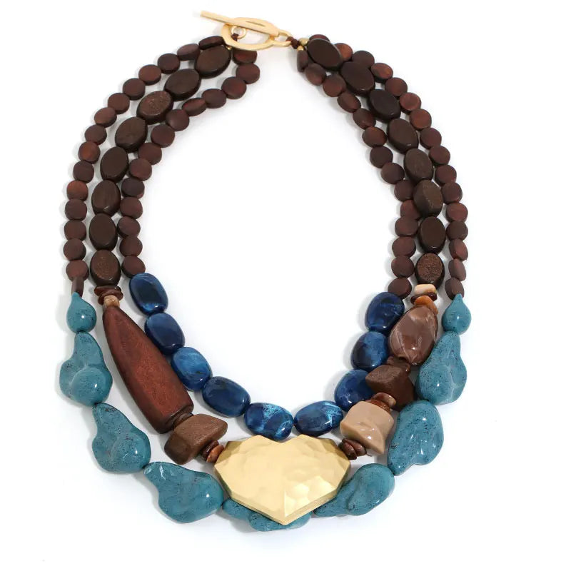 Colar Boho Multicamadas Azul & Madeira | By Mireva