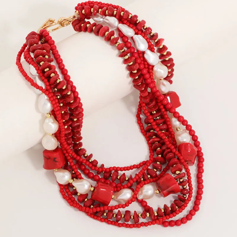 Colar Boho Pérolas & Coral Vermelho Multicamadas | By Mireva