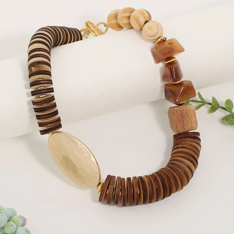 Colar Boho Statement Contas Madeira Marrom Dourado | By Mireva