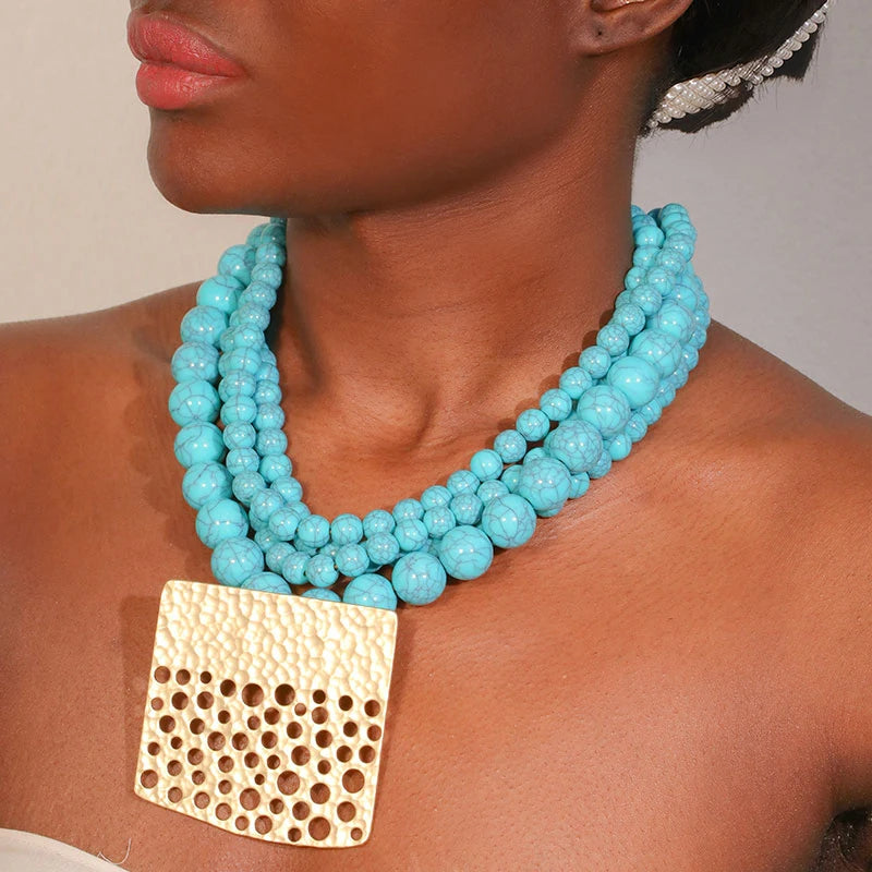 Colar Statement Turquesa & Placa Dourada | By Mireva