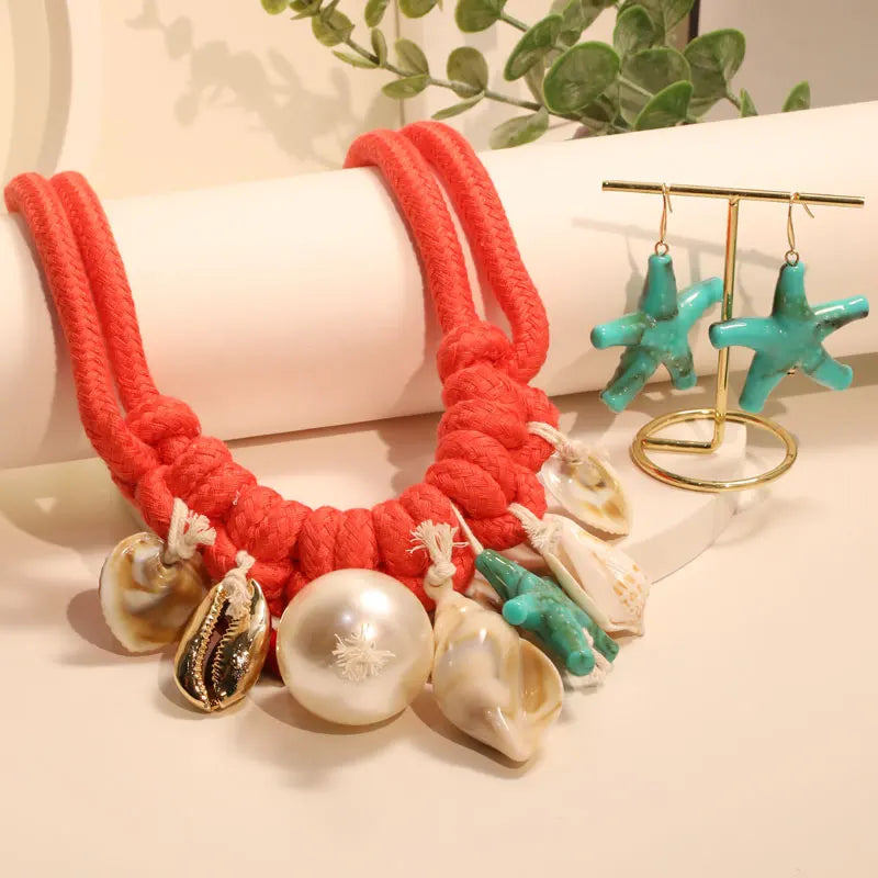 Conjunto Mar Coral By Mireva – Colar Boho com Conchas e Estrela-do-Mar + Brincos