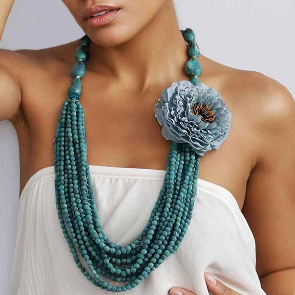 Colar Boho Longo Turquesa & Flor Azul | By Mireva