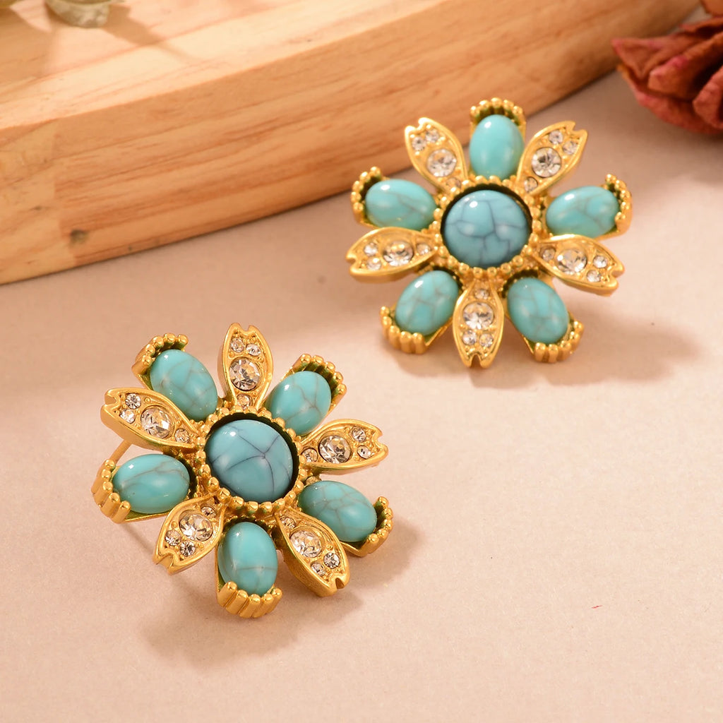 Brincos Flor Turquesa Vintage Dourados | By Mireva