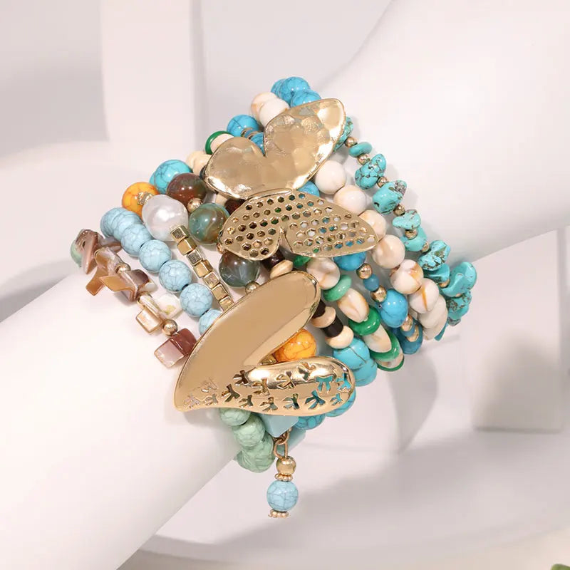 Pulseira Boho com Contas e Pingente de Coração