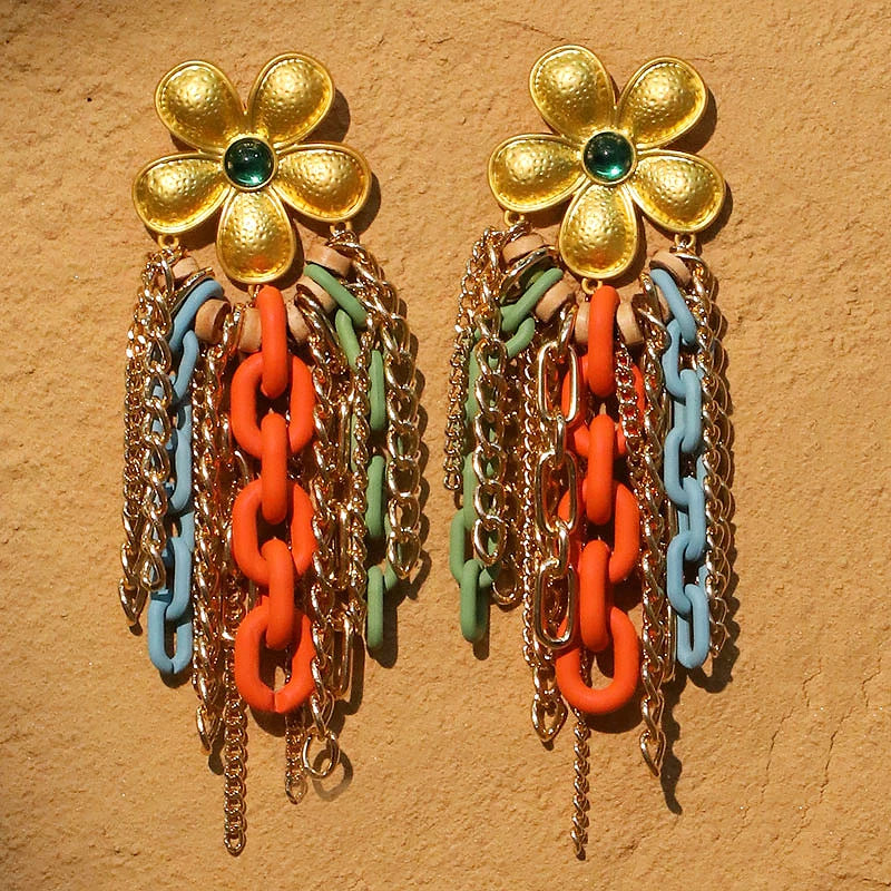Brincos Longos com Corrente Colorida e Flores Feitos à Mão