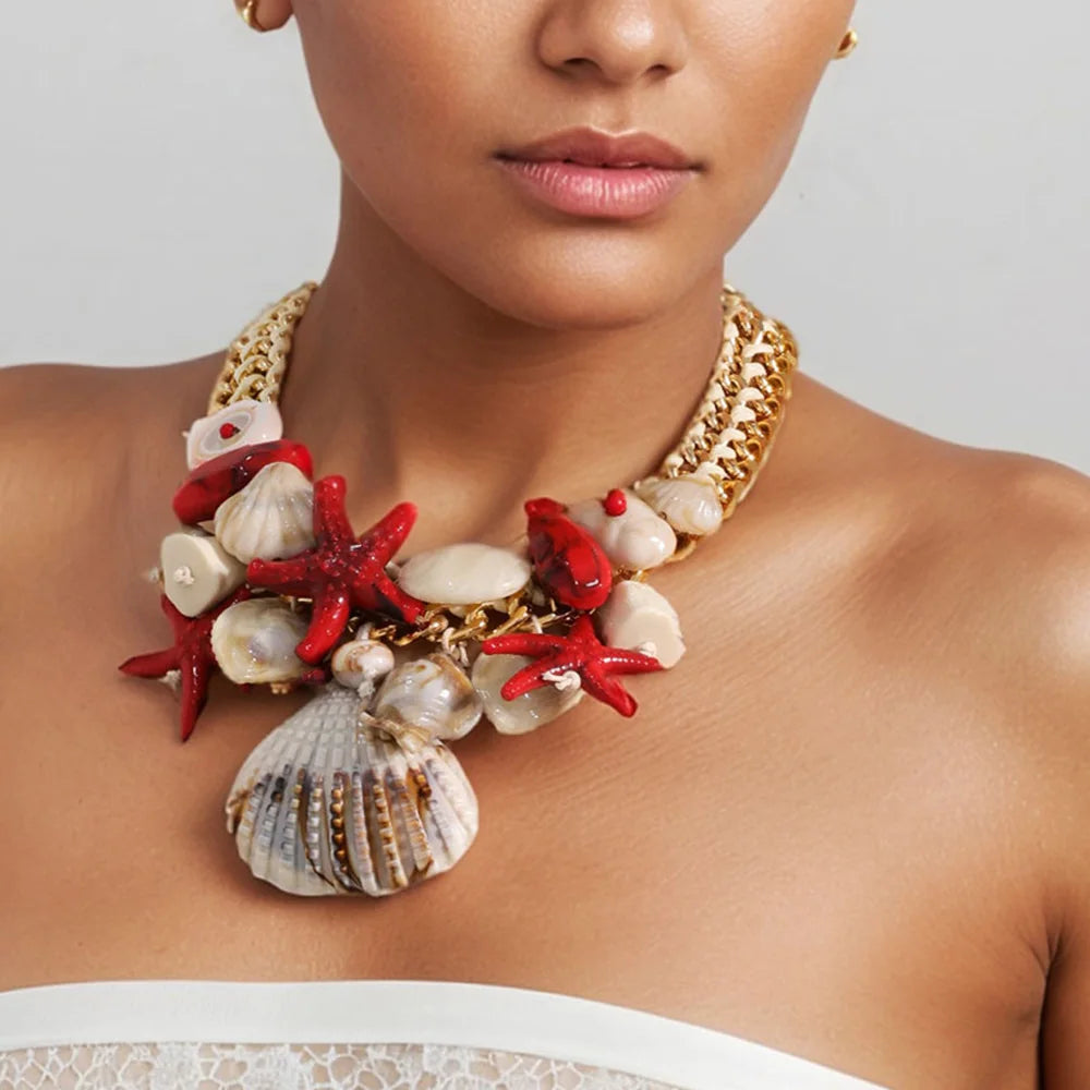 Colar Maxi Tropical com Conchas e Estrelas-do-Mar