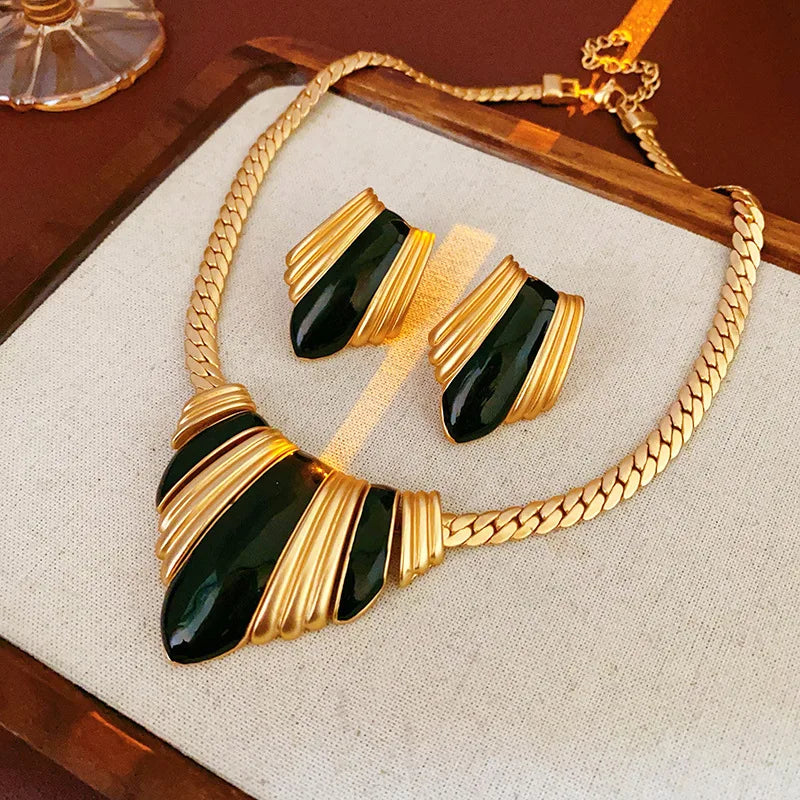 Conjunto de Joias Dourado Verde Esmeralda