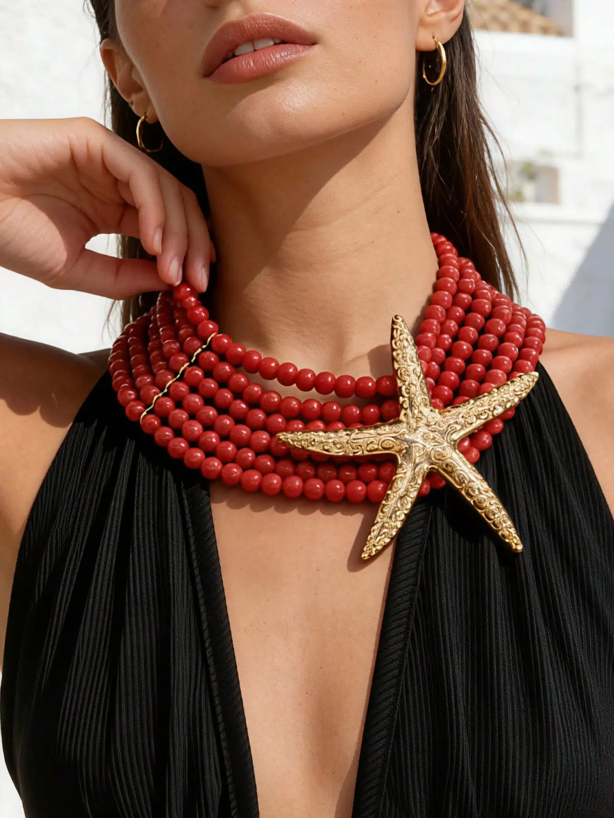 Colar Maxi Vermelho com Estrela-do-Mar Dourada