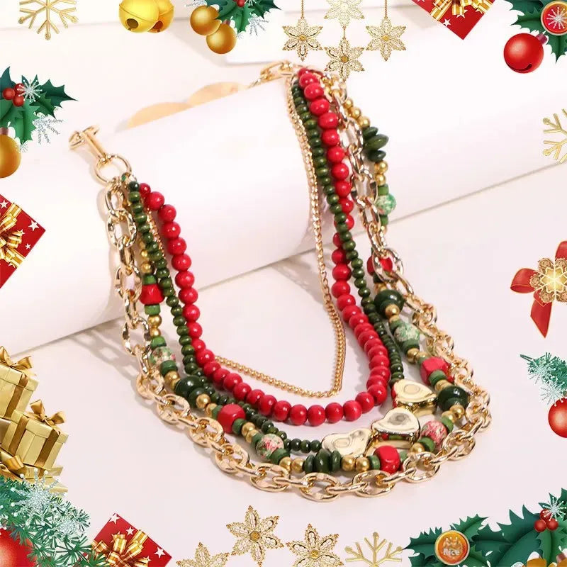 Colar Boho Natal Multicamadas Vermelho & Verde | By Mireva