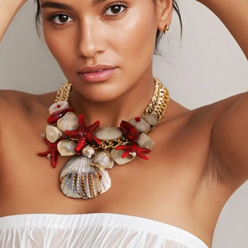 Colar Maxi Tropical com Conchas e Estrelas-do-Mar