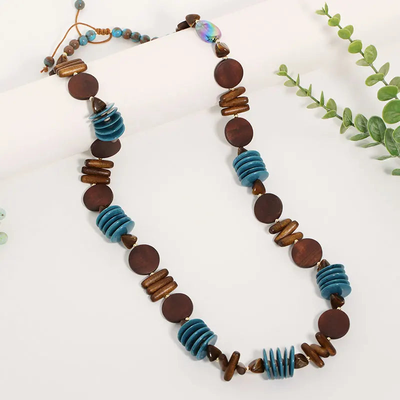 Colar Boho Longo Madeira & Turquesa | By Mireva