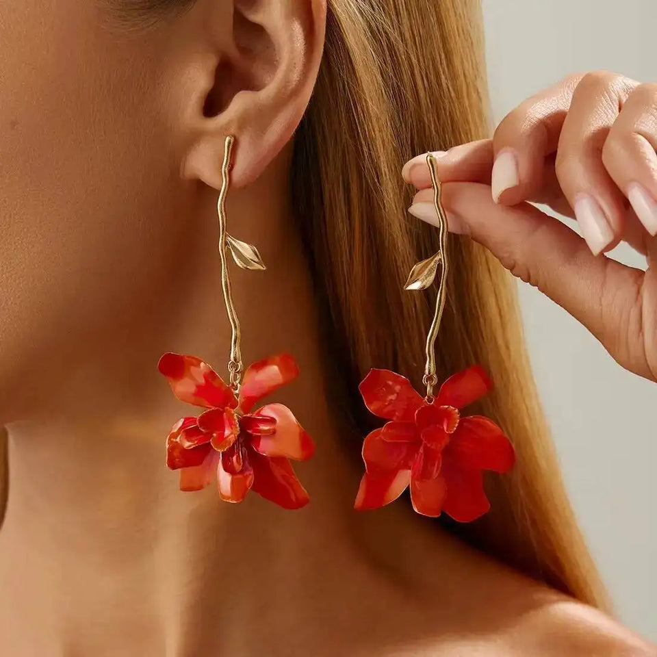 Par de Brincos Românticos Flor Pétalas Longas Laranja | By Mireva
