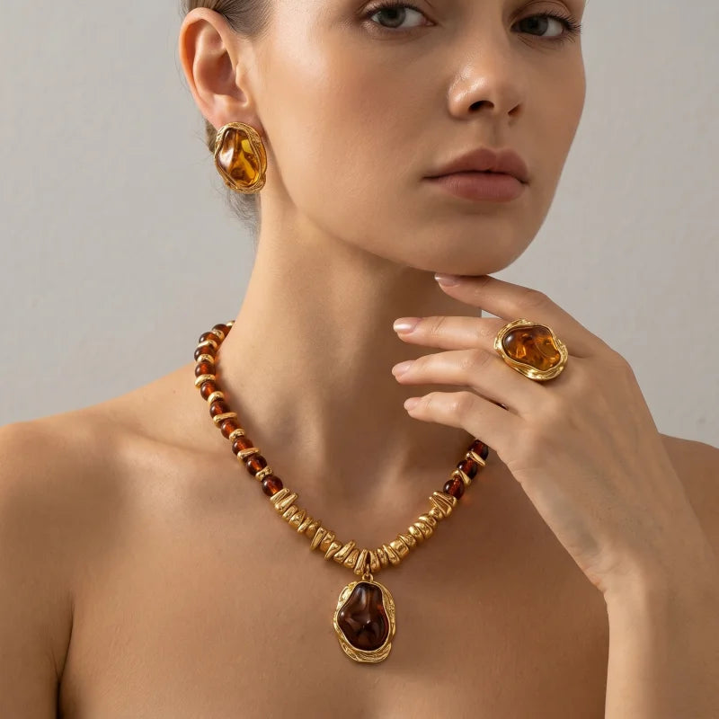 Conjunto de Joias Vintage Âmbar Dourado